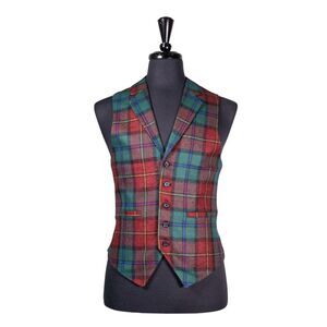 Mens Vest 40R Wool Tartan Plaid Green Red Waistcoat Formal Wedding Groom Party